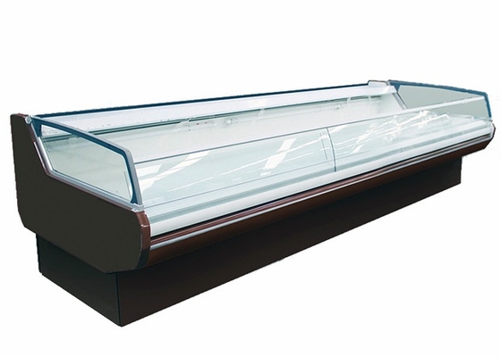 Front Curved Glass Fan Cooling Front Display Chiller For Sausages aperto